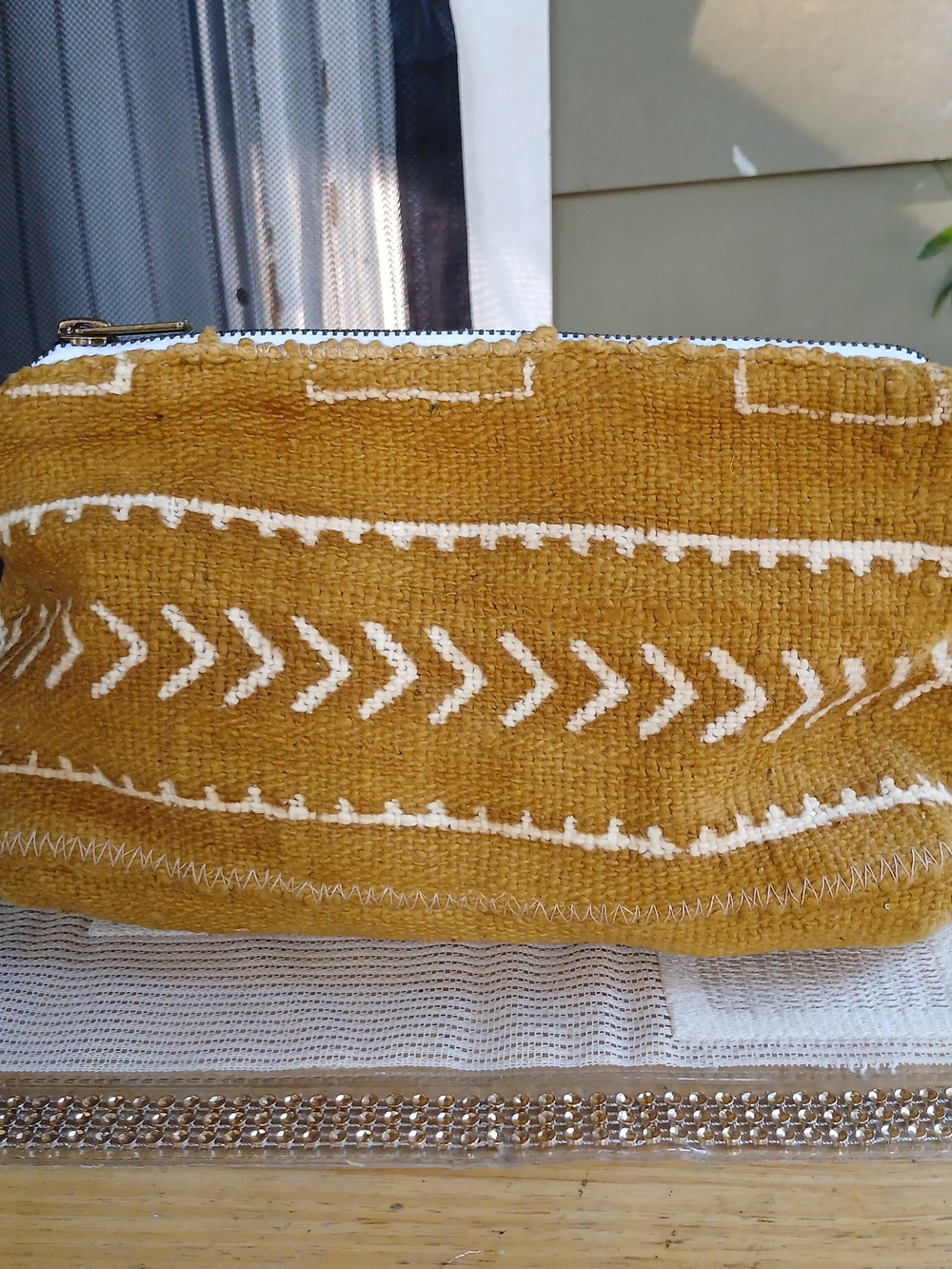 Jenna Bee Mustard Geometric Cosmetic Bag Hand Made - Picture 3 of 10